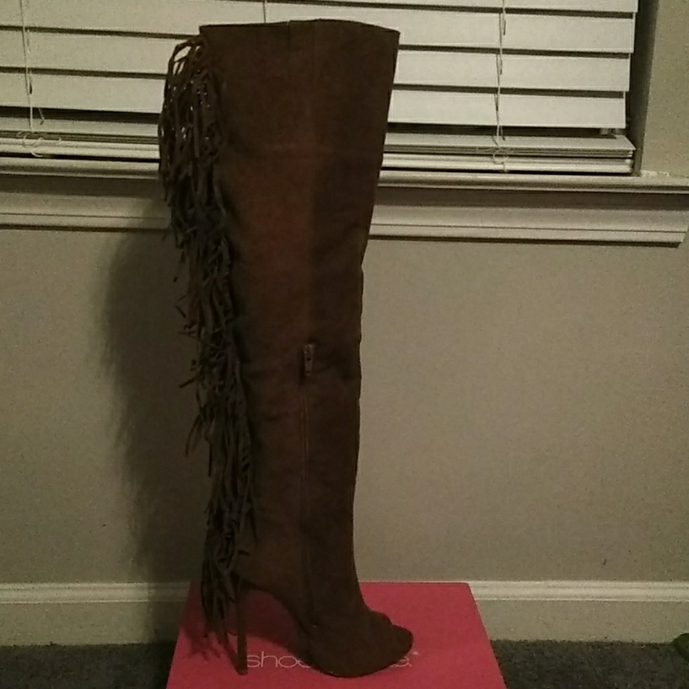 Knee High Heel Fringed Peep Toe Boot